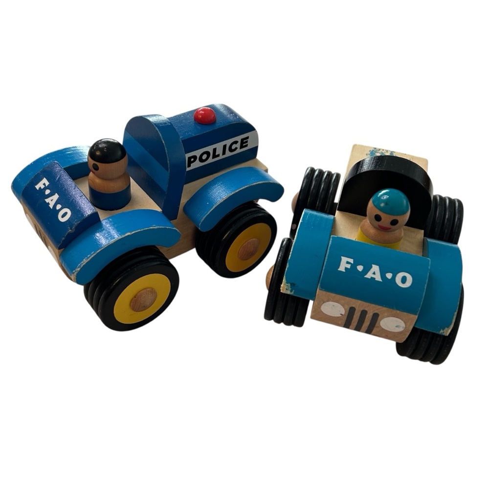 FAO Schwartz Wood Toddler Police Car 2 Piece Lot Vintage